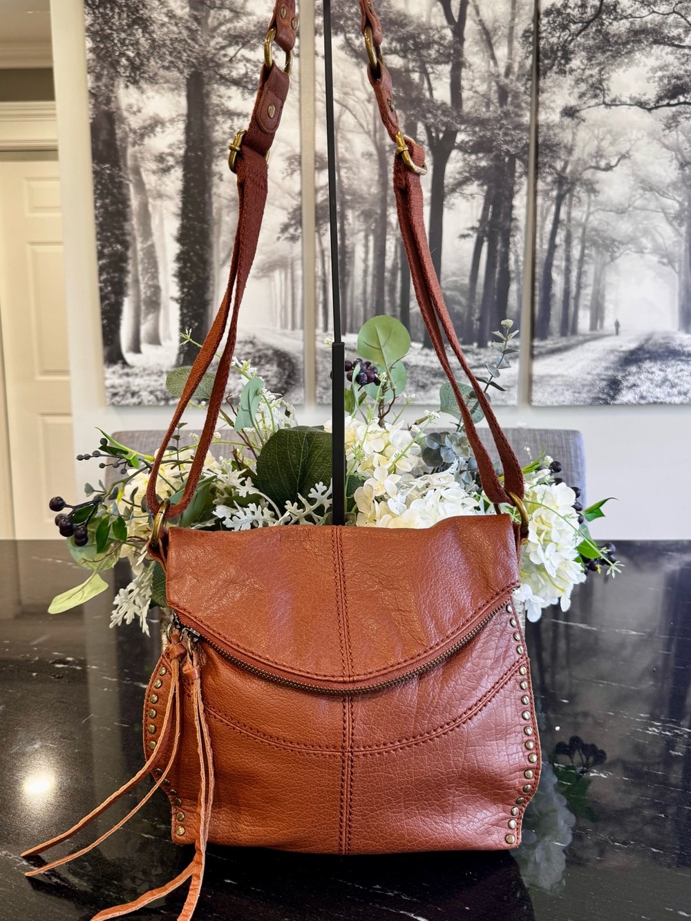🤎The Sak Leather Studded Foldover Crossbody Bag Brown Cogna